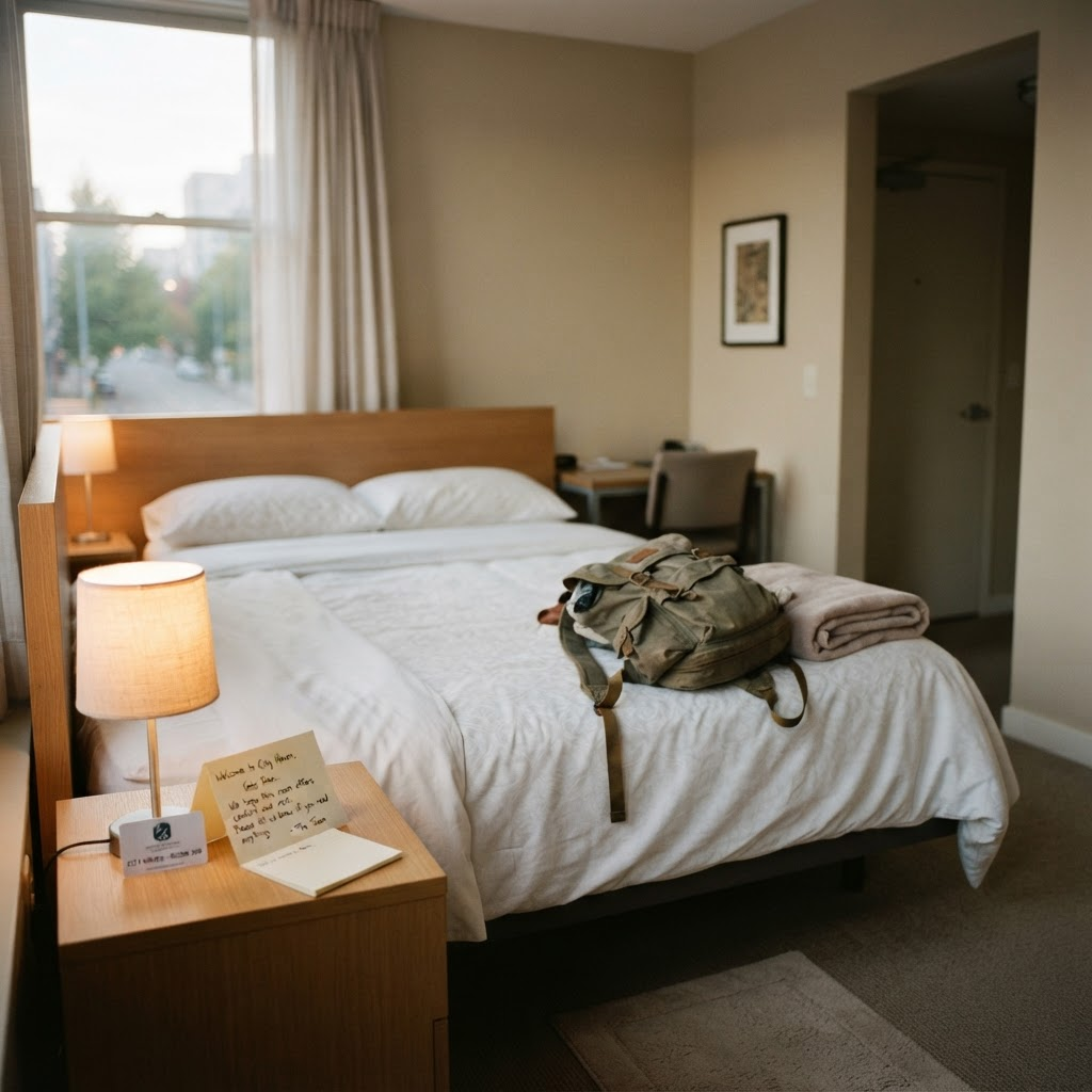 A packed backpack on a neatly made hotel bed with a room key card and welcome note on the bedside table, representing emergency short-term housing for youth